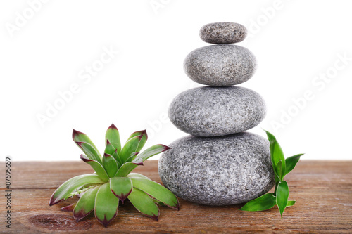 Spa stones with succulent on wooden table isolated on white