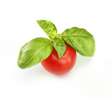 Tomate mit Basilikumblatt