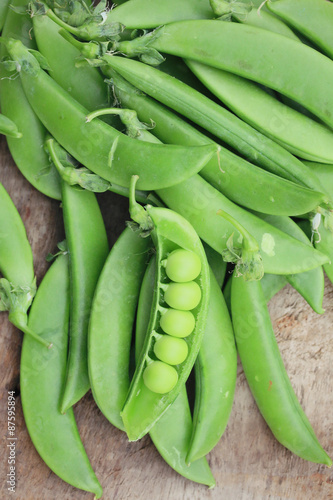 Fresh green soybeans on a wooden vintage