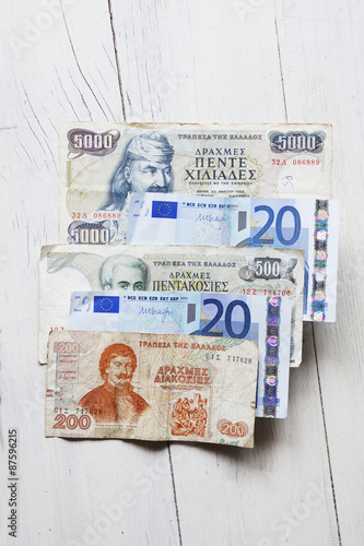 Greek drachma and euro paper money photo