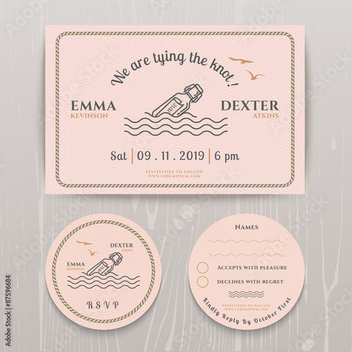 Nautical message in the bottle wedding invitation and RSVP card