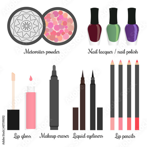 Cosmetics for a make-up set 3. Meteorites powder, nail lacquer or nail polish - burgundy, green and purple, lip gloss, makeup eraser, brown and black liquid eyeliners, four colors of lip pencils