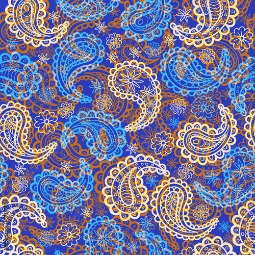 Blue and yellow endless background in oriental style ornament.