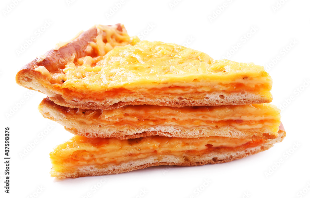 Slices of tasty cheese pizza isolated on white Slices of tasty cheese pizza isolated on white