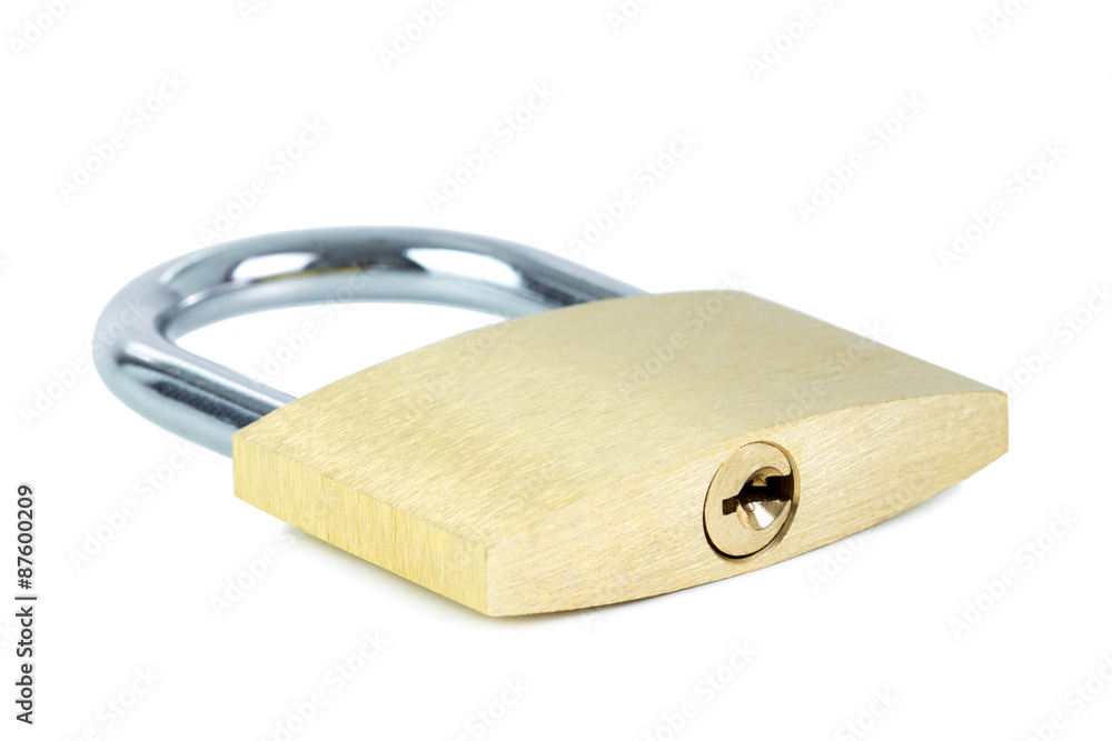 Close-up of a locked padlock showing keyhole, isolated on white background