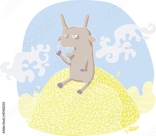 Cute vector goat sitting on the stack with dandelion.