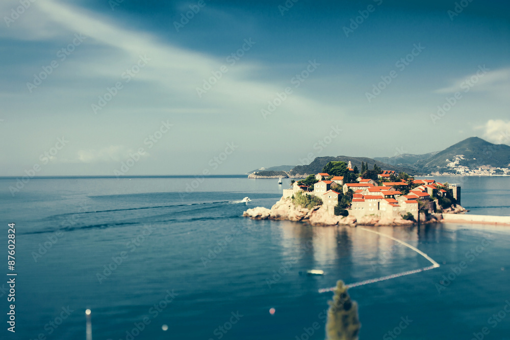 Sveti Stefan island in montenegro background blue sea and sky