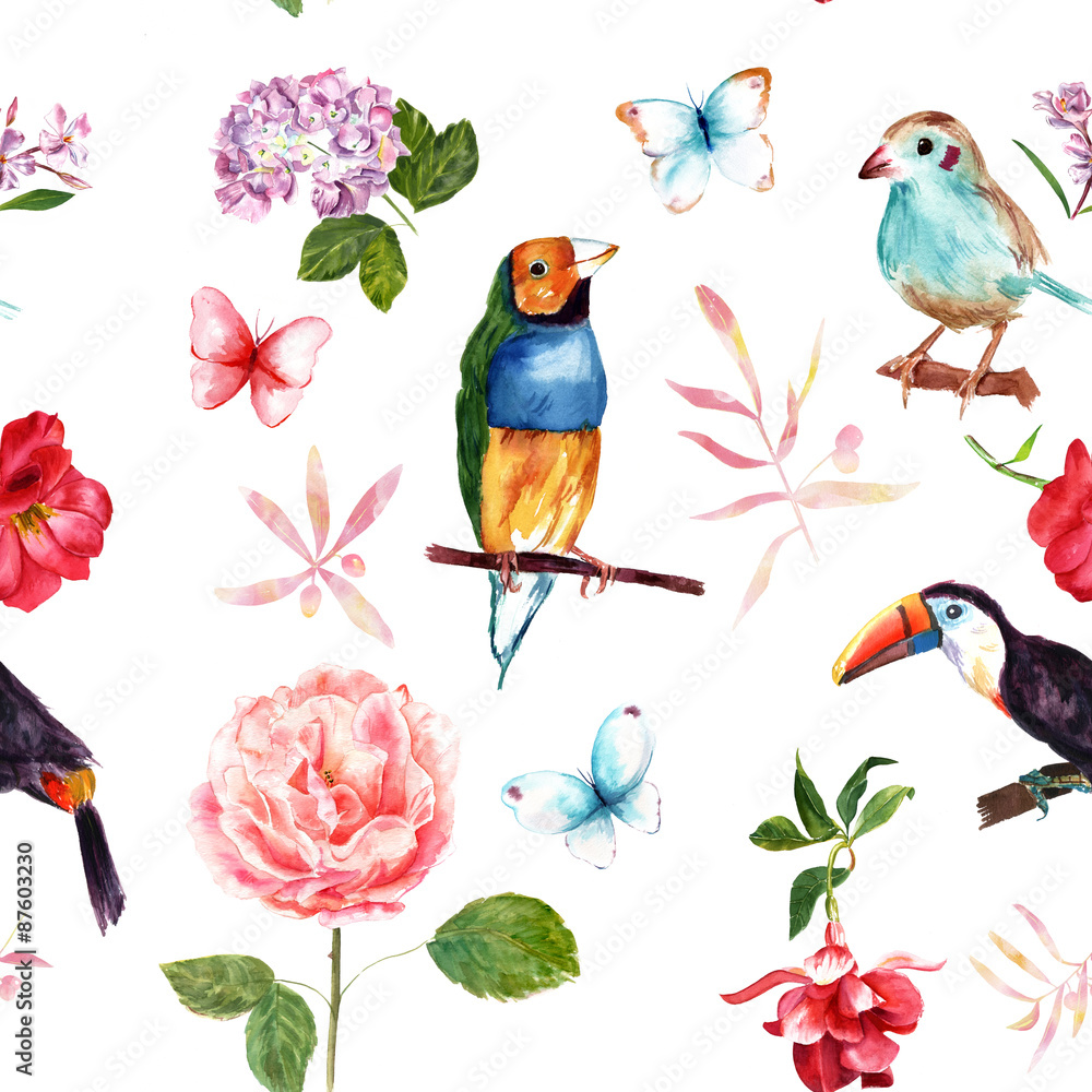 Vintage collage seamless pattern with roses, butterflies and birds