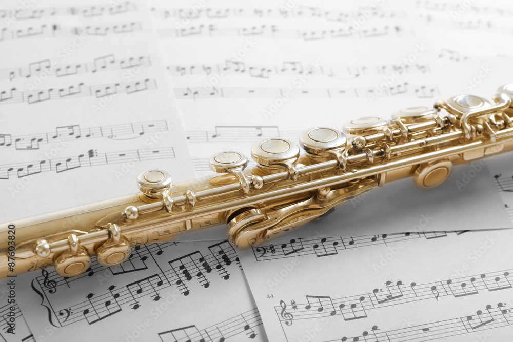 Obraz premium Flute on music notes background