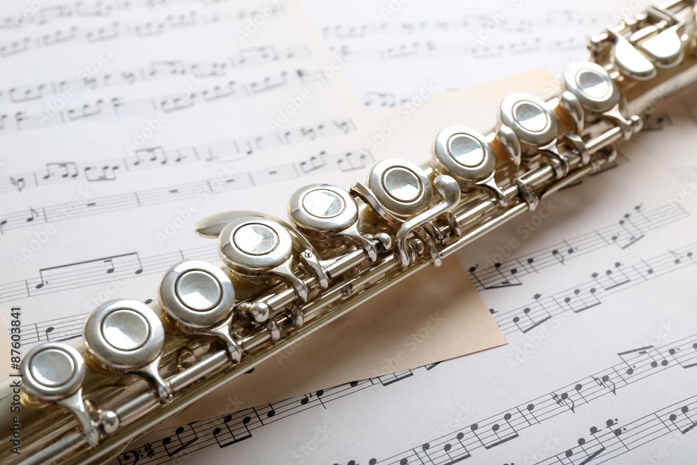 Obraz premium Flute on music notes background