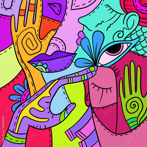 colored abstract with faces and hands