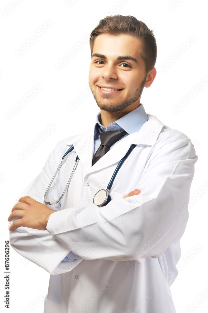 Male doctor with stethoscope isolated on white Male doctor with stethoscope isolated on white