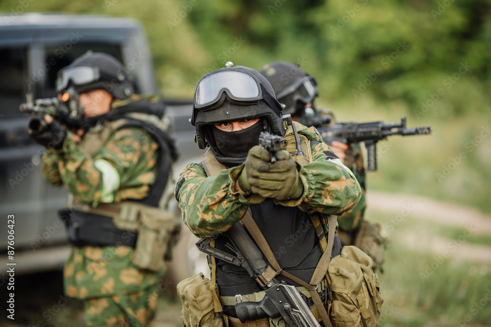 Russian special forces operators in uniform and bulletproof vest
