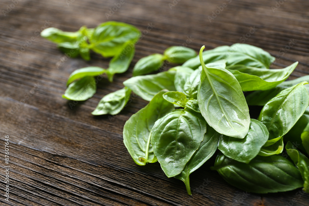 Green fresh basil on wooden background Green fresh basil on wooden background