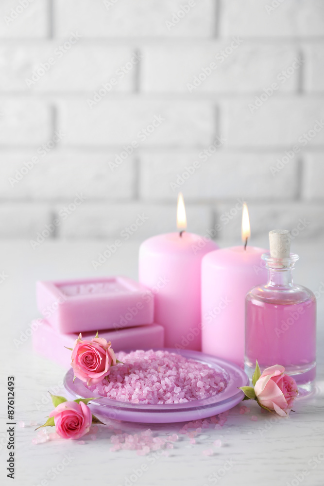 Beautiful composition of spa treatment on white wooden table Beautiful composition of spa treatment on white wooden table