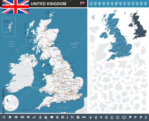 United Kingdom infographic map. Highly detailed vector illustration. Image contains land contours, country and land names, city names, water objects, flag, navigation icons, roads, railways.