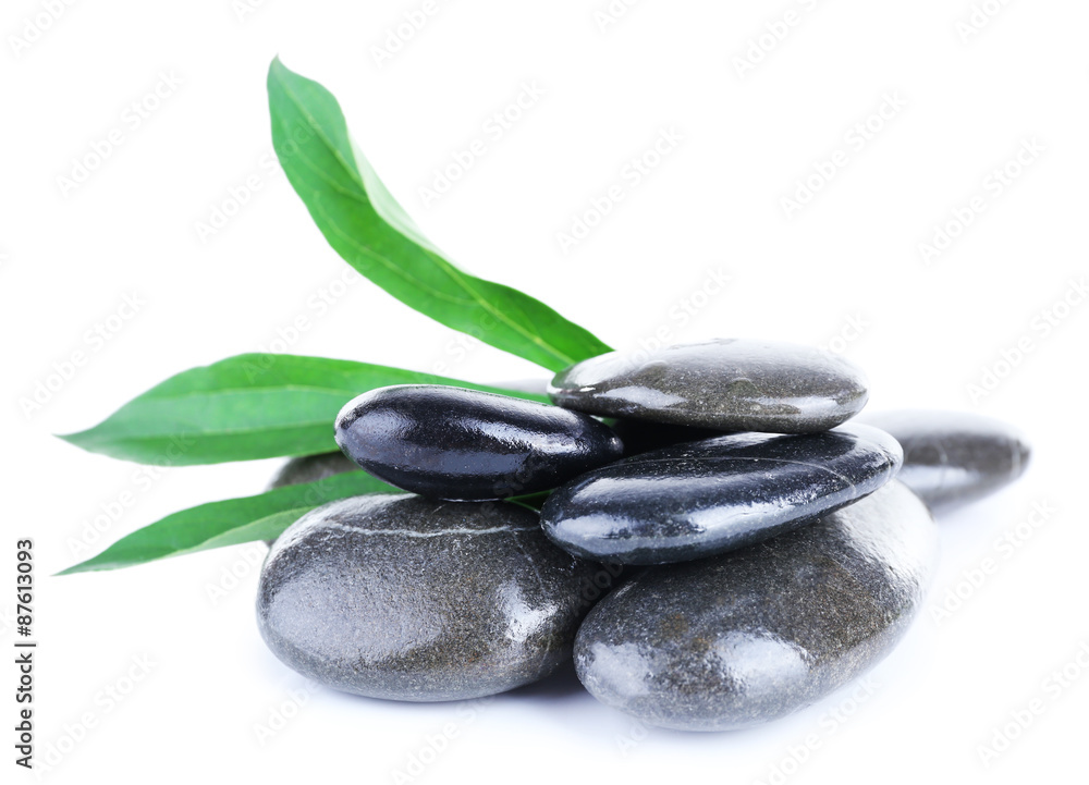 Spa sea stones with green leaves isolated on white Spa sea stones with green leaves isolated on white