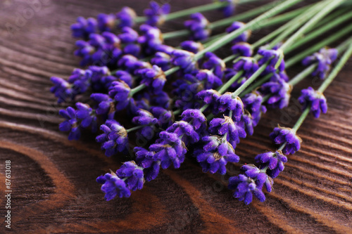 Fresh lavender on wooden table  closeup