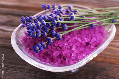 Purple sea salt with fresh lavender  closeup
