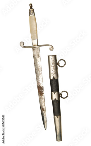 Imperial Russian WWI dagger / sword with ivory handle and leather sheath. Isolated on white.