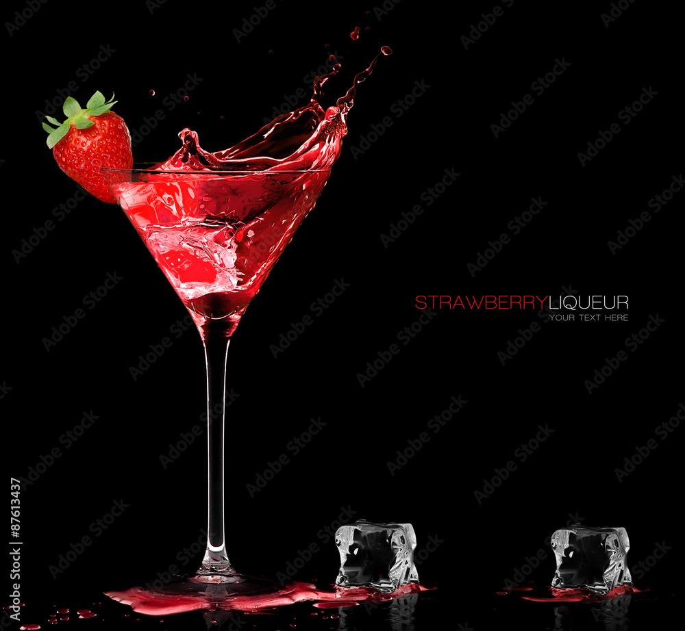 Stylish Cocktail Glass with Strawberry Liquor Splashing. Party Concept - obrazy, fototapety, plakaty 