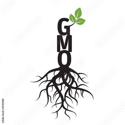 Black vector Tree, Roots and text GMO