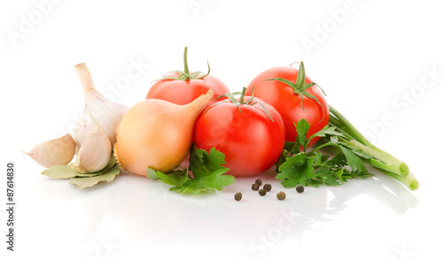 Fresh Vegetables and Spices on white background
