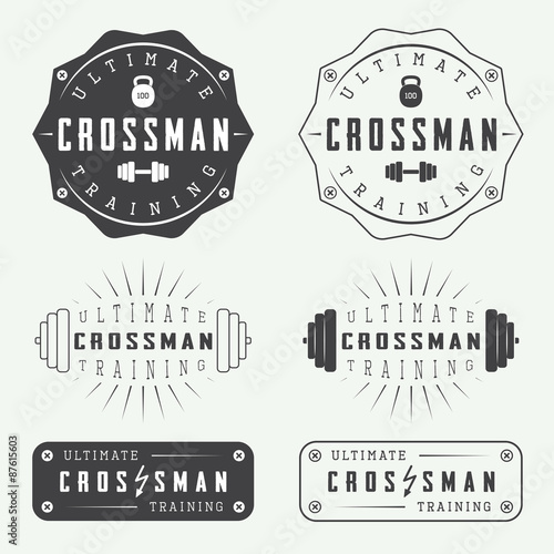 Set of gym logos, labels, badges and elements in vintage style