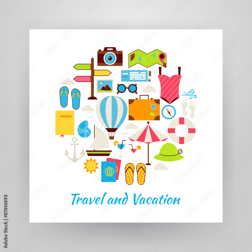 Flat Style Circle Vector Set of Summer Vacation and Travel Object