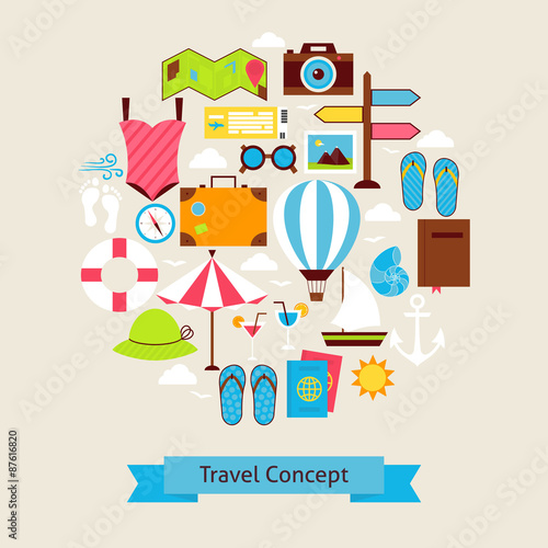 Vector Flat Style Summer Vacation and Travel Objects Concept