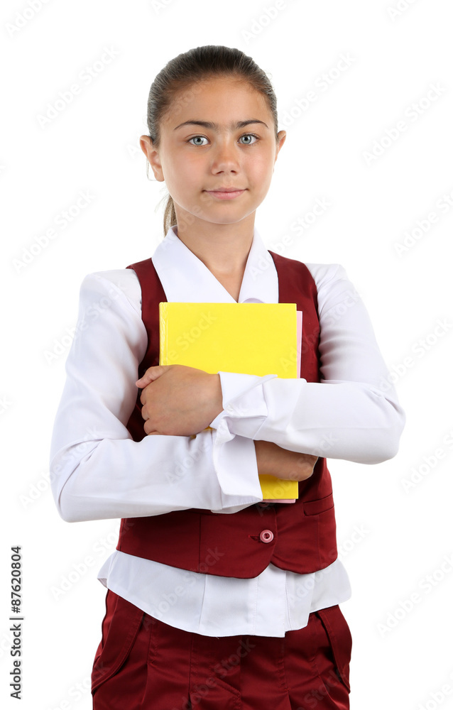 Beautiful little girl in school uniform isolated on white Beautiful little girl in school uniform isolated on white