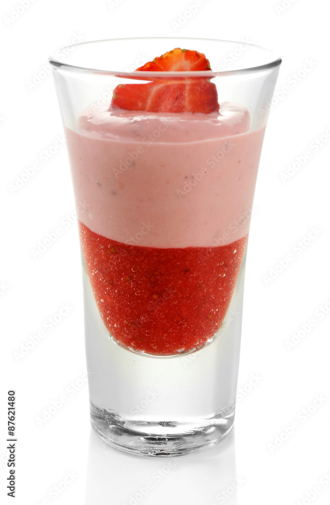 Fresh strawberry yogurt dessert in glass, isolated on white Fresh strawberry yogurt dessert in glass, isolated on white