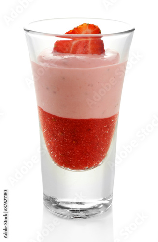 Fresh strawberry yogurt dessert in glass, isolated on white