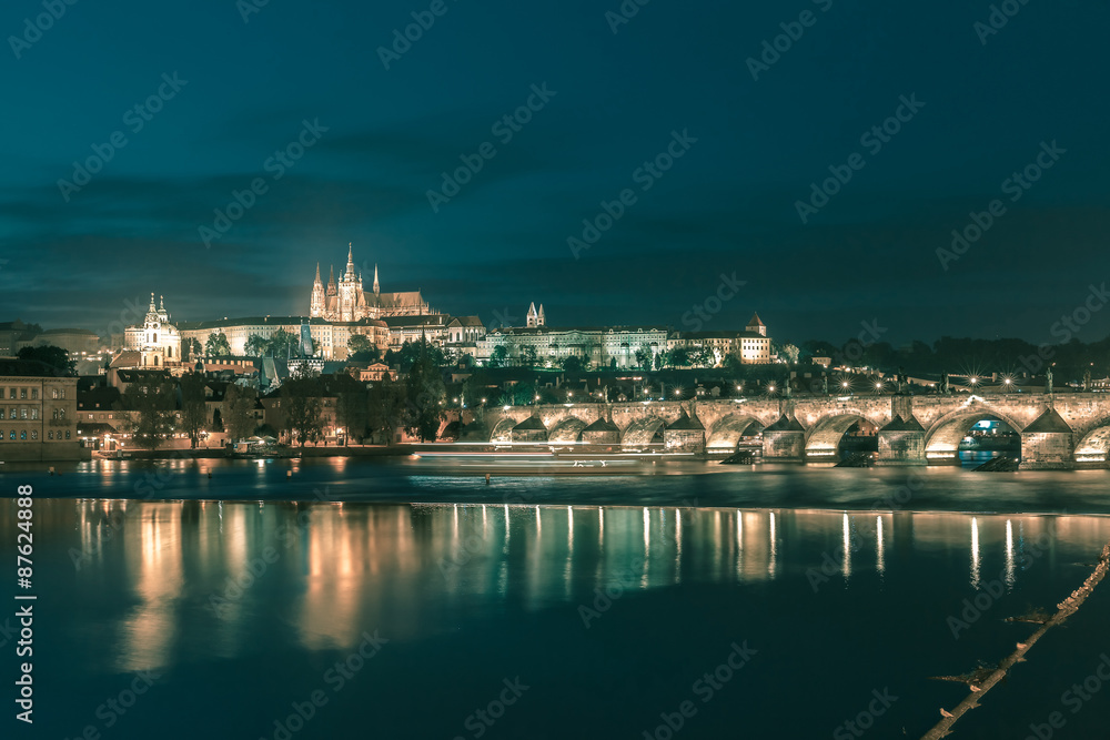 Fototapeta premium Prague Castle and Charles Bridge at night, Czechia