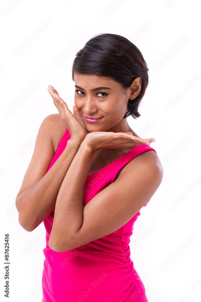 smiling, happy asian woman in bright summer or spring attire smiling, happy asian woman in bright summer or spring attire