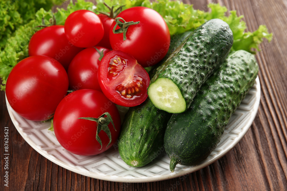 Fresh vegetables on wooden table, closeup