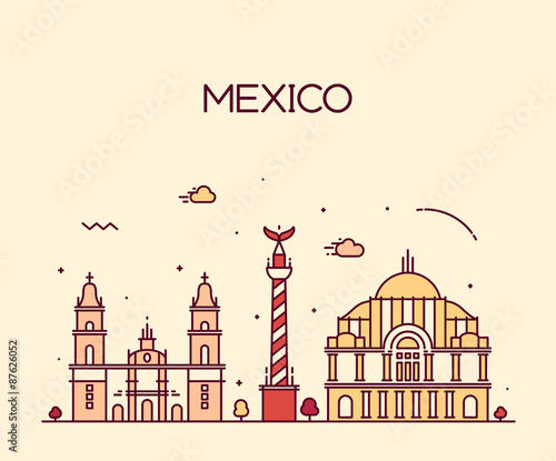Mexico City skyline Trendy vector line art style