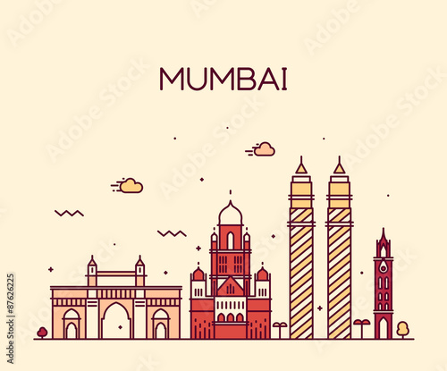 Mumbai City skyline vector illustration line art