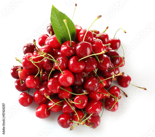 Pile of fresh cherries isolated on white