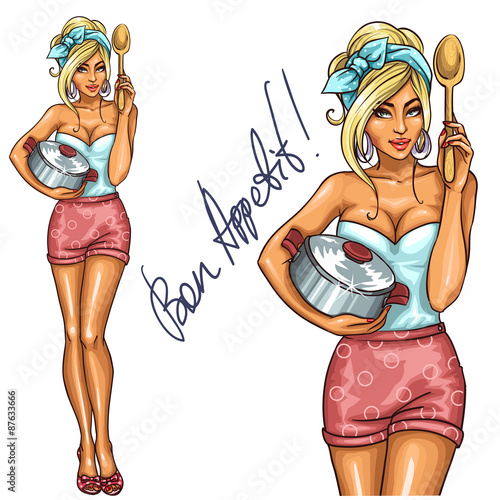 Pretty housewife with pot and spoon. 