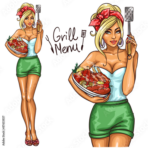 Pretty woman holding Meat Plate, isolated