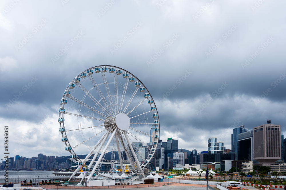 ferris wheel and skyline in hong kong