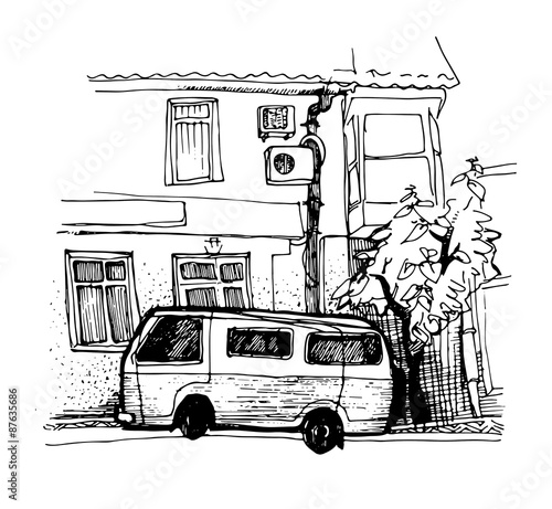 ink sketch van parking near the house