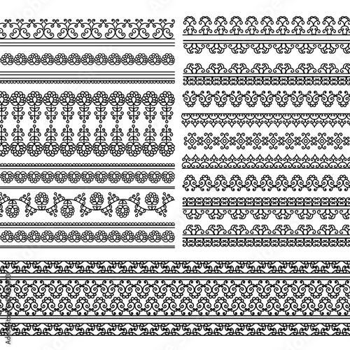 Indian Henna Border decoration elements patterns in black and white colors. Popular ethnic border in one mega pack set collections. Vector illustrations.Could be used as divider, frame, etc