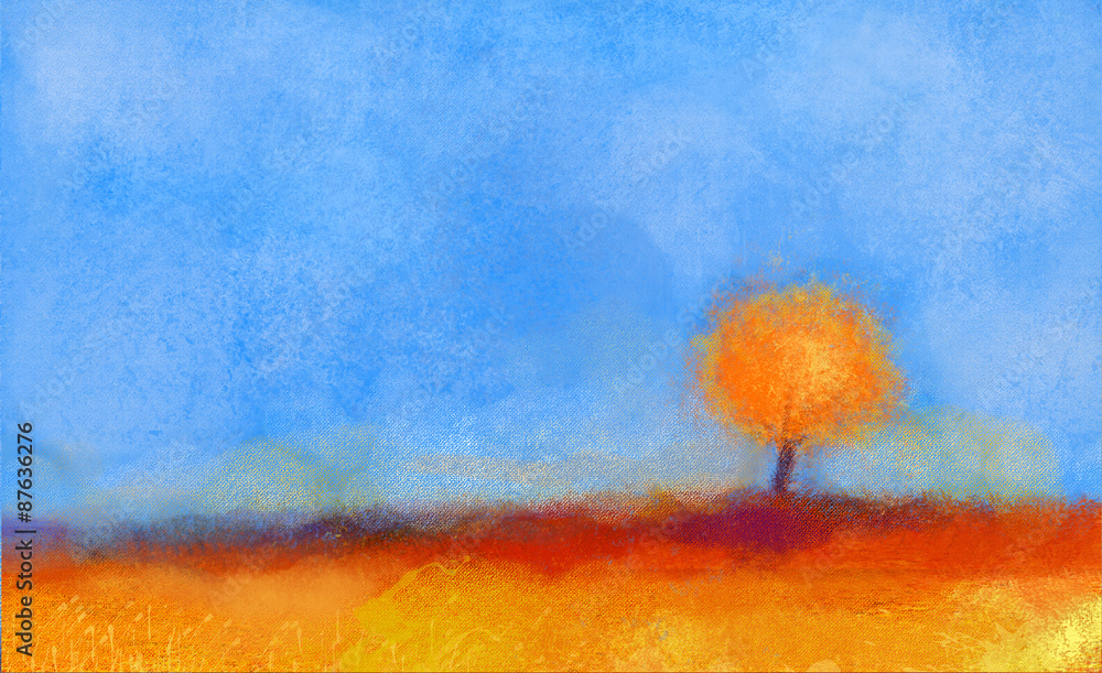 Naklejka premium Abstract landscape, tree and field oil painting. Yellow,orange,red color and blue sky of falling season