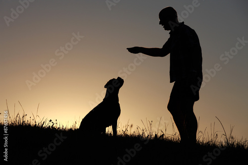 Herrchen und Hund als Silhouette bei Sonnenuntergang