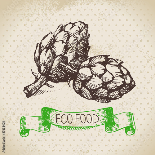Hand drawn sketch artichoke vegetable. Eco food background