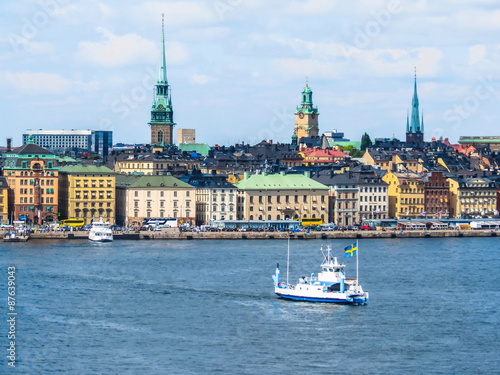 View of the Old City, Stockholm, Sweden. The passenger ship under the Swedish flag