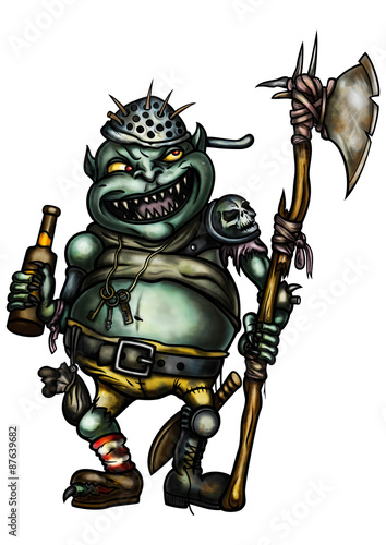 Goblin Guard dressed in trash equipment, with an axe, holding a bottle of beer