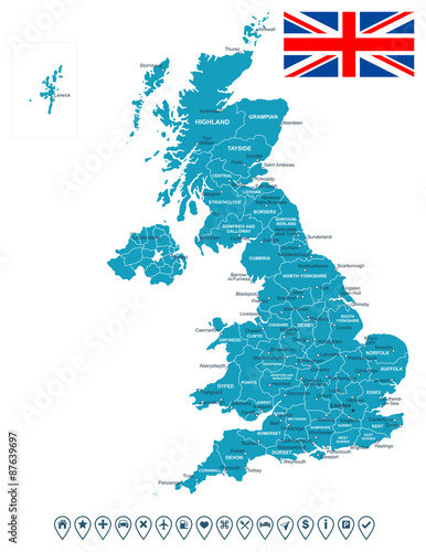 United KIngdom map, flag and navigation labels - highly detailed vector illustration. Image contains land contours, country and land names, city names, flag, navigation icons.